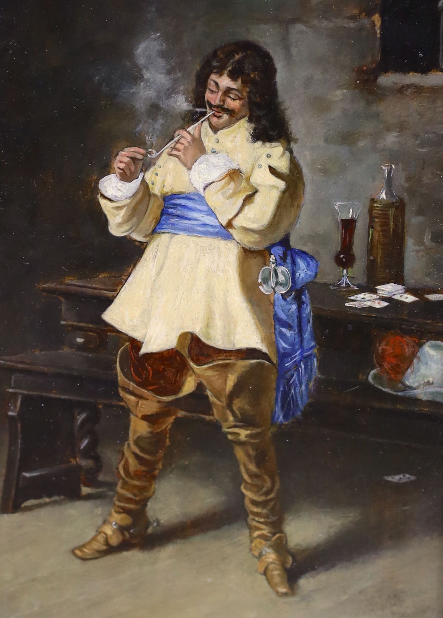 Attributed to Alessandro Sani (1856-1927), oil on board, Cavalier lighting a clay pipe, signed, 18 x 12.5cm